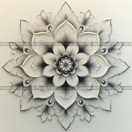 Graceful ornament in the form of a flower mandala. The work is done in black and white, with thin lines and soft shadows, which creates the effect of volume and multi-layering. The central element of the composition is a flower with petals that diverge in the form of concentric circles. Each petal is decorated with details resembling feathers or thin lines, which gives the image sophistication and harmony. The ornament looks symmetrical and balanced, creating a sense of calm and beauty. Стоковое AI-изображение, AI-художник Анна Кривицкая / Фотобанк Лори