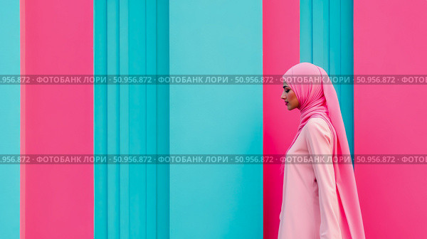 Graceful woman in a soft pink hijab and attire, standing against a vibrant turquoise and fuchsia abstract wall; a modern fashion concept. Стоковое AI-изображение, AI-художник Данила Большаков / Фотобанк Лори