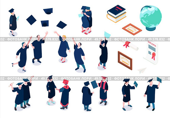 Graduating students icons set with celebration symbols isometric isolated vector illustration. Стоковая иллюстрация, агентство Ingram Publishing / Фотобанк Лори