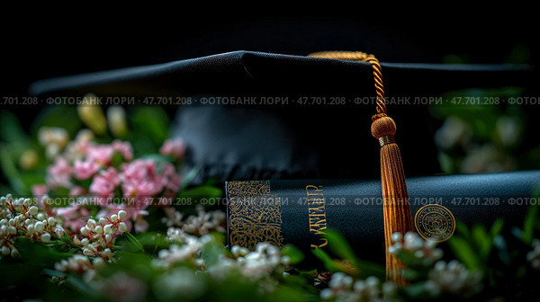 Graduation Cap, Diploma, and Blossoms: A Celebration of Academic Achievement. A close-up shot showcasing a graduation cap, diploma, and delicate flowers, symbolizing the culmination of hard work and. Стоковое AI-изображение, AI-художник Данила Большаков / Фотобанк Лори