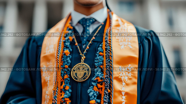 Graduation ceremony: Close-up of graduate wearing academic regalia, sash, honor cords, and a medallion signifying academic achievement. Стоковое AI-изображение, AI-художник Данила Большаков / Фотобанк Лори