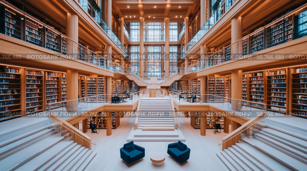 Grand Wooden Library Interior: A Modern Architectural Masterpiece of Bookshelves, Stairs, and Light. Стоковое AI-изображение, AI-художник Данила Большаков / Фотобанк Лори