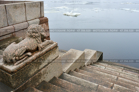 Гранитный лев на набережной Макарова. Нева, Санкт-Петербург. Стоковое фото, фотограф Александр Алексеев / Фотобанк Лори
