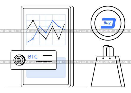 Graph on a smartphone with BTC label, adjacent circular buy button, and shopping bag. Ideal for finance, e-commerce, investments, mobile apps, cryptocurrency retail and technology. Line metaphor. Mobile Cryptocurrency Trading Interface with Buy Button and Shopping Bag Symbolizing E-commerce Integration. Стоковая иллюстрация, агентство Ingram Publishing / Фотобанк Лори