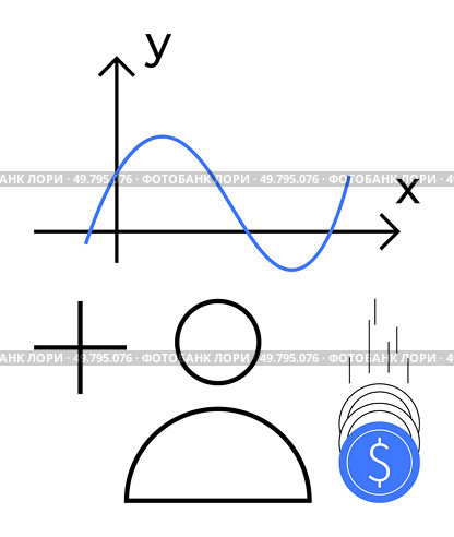 Graph with axes and wave curve, person icon, plus sign, coins falling. Ideal for financial growth, investments, business analysis, profitability, data interpretation personal finance educational. Graph with X and Y Axes, Person Icon, Plus Sign, and Falling Coins Representing Financial Growth. Стоковая иллюстрация, агентство Ingram Publishing / Фотобанк Лори