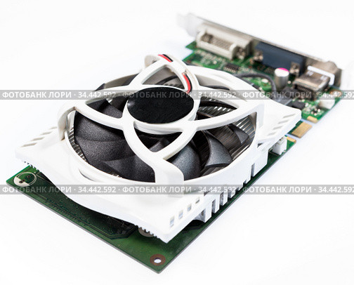 Graphics card with large cooler, one object on a white background. Стоковое фото, фотограф Кекяляйнен Андрей / Фотобанк Лори