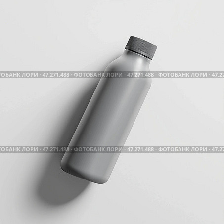 Gray reusable water bottle rests on a light background with soft shadows creating a minimalist aesthetic. Серая многоразовая бутылка с водой стоит на светлом фоне с мягкими тенями, создавая минималистскую эстетику. Стоковое AI-изображение, AI-художник Katsiaryna Repich / Фотобанк Лори