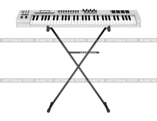 gray synthesizer on stand isolated on white background. Стоковое фото, агентство Ingram Publishing / Фотобанк Лори