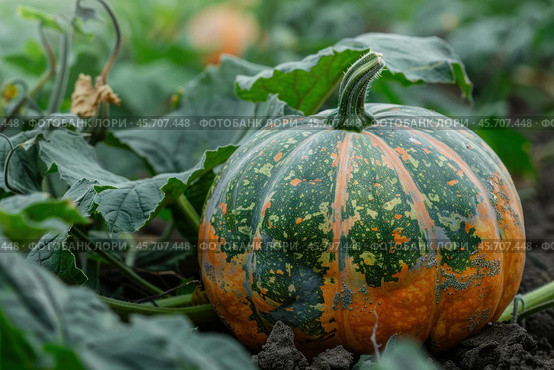 Green and orange pumpkin growing in a garden patch. Стоковое AI-изображение, AI-художник Иван Рябоконь / Фотобанк Лори