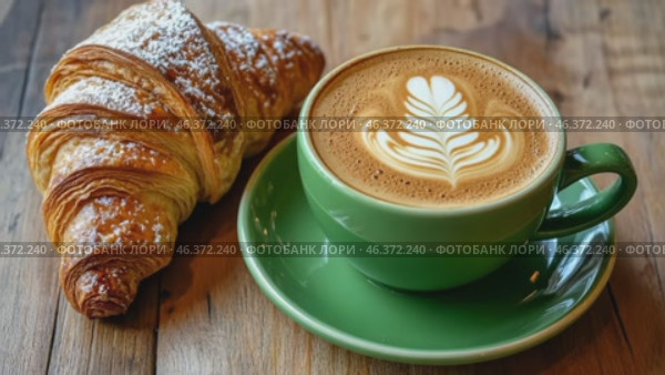 Green ceramic cup of frothy cappuccino coffee with croissants on rustic wood background. Hot latte with art milk foam and freshly-baked Brioche on cafe table. Breakfast or coffee break. Morning ritual. Стоковое AI-видео, аниматор Марина Демидюк / Фотобанк Лори
