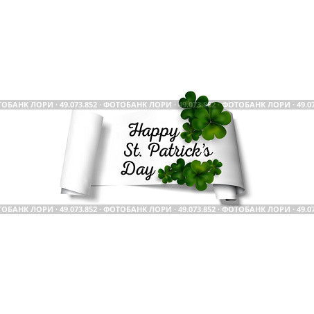Green clovers on white paper ribbon with shadow, decoration for greeting cards. St Patricks day vector design. Стоковая иллюстрация, агентство Ingram Publishing / Фотобанк Лори
