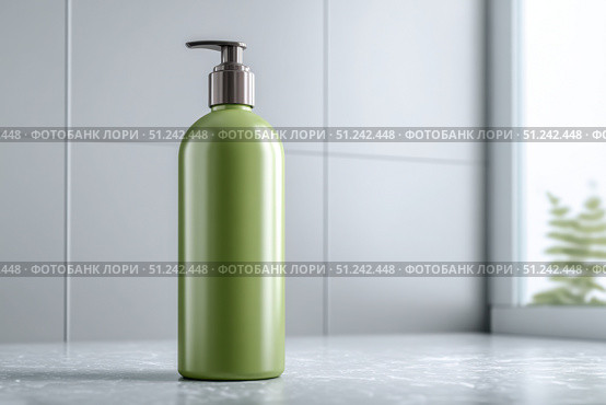 Green cosmetic plastic bottle with pump packaging for cream, lotion, medicine, shampoo or liquid soap on light bathroom background. Clean bath. Blank skincare beauty product tube template. Empty jar. Стоковое AI-изображение, AI-художник Марина Демидюк / Фотобанк Лори