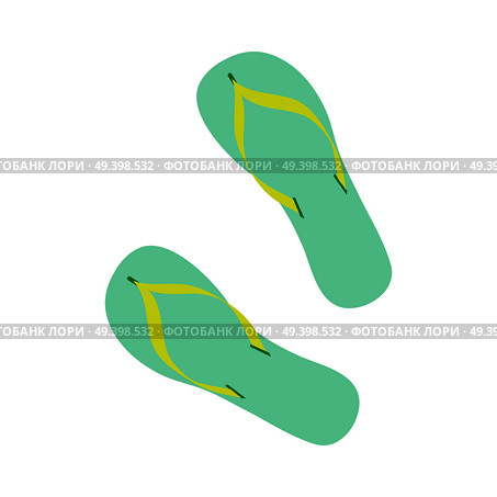 Green flip flops isolated on white background. Pair of beach slippers. Summer rubber casual shoes. Sandals icon. Vacation symbol. Footwear for travelling. Flat style design. Vector illustration. Green Flip Flops Isolated on White Background. Стоковая иллюстрация, агентство Ingram Publishing / Фотобанк Лори