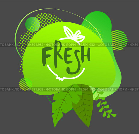 Green logo indefinite shape, ecological design. The lettering Fresh. Green juicy leaves and dots. Eco friendly design. Fruits, vegetables, food and drinks. Flat illustration isolated on grey. Fresh green logo illustration. Leaves and dots, irregular circle shape. Flat icon isolated on grey. Стоковая иллюстрация, агентство Ingram Publishing / Фотобанк Лори