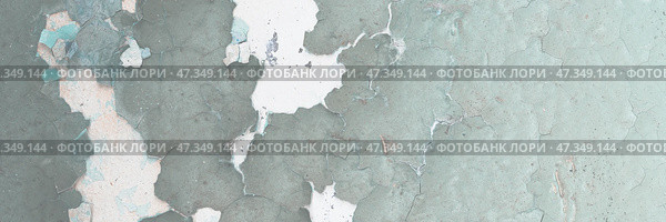 Green peeling paint on the wall. Old concrete wall with cracked flaking paint. Weathered rough painted surface with patterns of cracks and peeling. High resolution texture for background and design. Стоковое фото, фотограф Андрей Степанов / Фотобанк Лори
