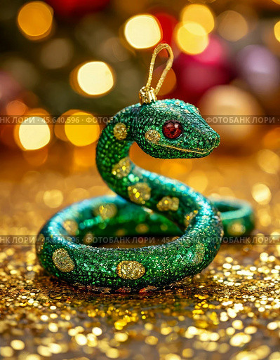 Green snake, symbol of 2025 according to the eastern calendar. The snake symbolizes wisdom, vitality, immortality and healing powers. Tree toy. Стоковое AI-изображение, AI-художник Сергей Елизарьев / Фотобанк Лори