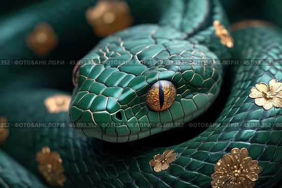 Green snake with emerald green scales decorated with golden flower patterns. Its eyes are golden brown, creating a hypnotic and mystical image. The snake looks graceful and majestic, its scales shine, emphasizing the detail and texture. The golden elements add luxury and sophistication to the photo, turning the snake into a symbol of something special and rare. This photo is perfect for use as a symbol or image associated with nature, exoticism and symbolism. Стоковое AI-изображение, AI-художник Анна Кривицкая / Фотобанк Лори