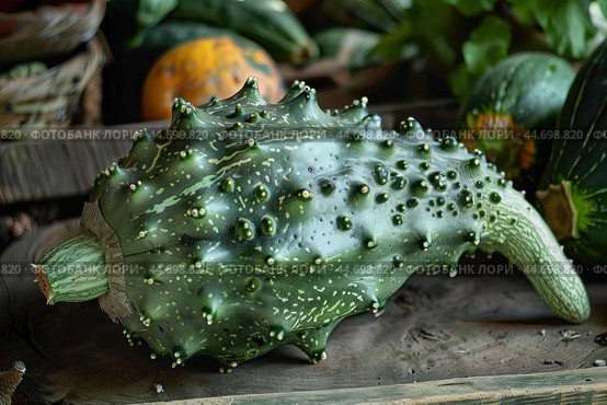Green warty goblin squash sitting on a wooden crate. Стоковое AI-изображение, AI-художник Иван Рябоконь / Фотобанк Лори