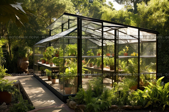 Greenhouse sheltering lush tropical plants in botanical garden. Стоковое AI-изображение, AI-художник Иван Рябоконь / Фотобанк Лори