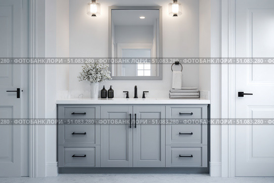 Grey bathroom vanity with white walls, mirror and marble countertop, black hardware. Clean aesthetic background. Home interior room design. Gray cabinet in a bathroom. Стоковое AI-изображение, AI-художник Марина Демидюк / Фотобанк Лори