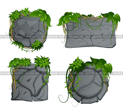Grey stone decorative garden elements  with tropical rain-forest liana  leaves 4 cartoon signs set vector illustration. Стоковая иллюстрация, агентство Ingram Publishing / Фотобанк Лори