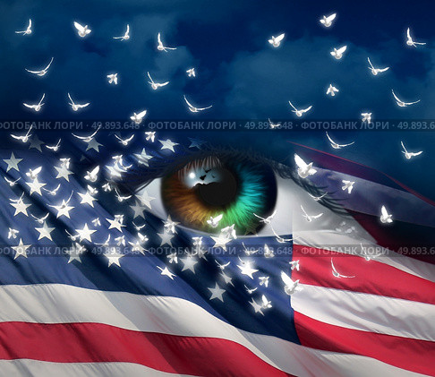 Grief and sorrow in America concept as a diverse human eye with the flag of the United Staes with doves emerging out of the stars as a mourning symbol due to tragedy or violence in a 3D illustration style. Стоковое фото, агентство Ingram Publishing / Фотобанк Лори
