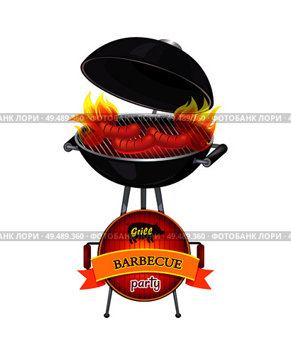 Grill barbecue party brazier with flames and fire. Cooking sausages on griddle of mangal, frying pan with pig. Pork meat cooking isolated vector. Grill Barbecue Party Brazier Vector Illustration. Стоковая иллюстрация, агентство Ingram Publishing / Фотобанк Лори