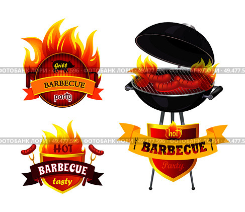 Grill BBQ barbecue party isolated icons set vector. Brazier mangal and emblems with text. Mangal with roast frankfurters and sausages, forks with food. Grill BBQ Barbecue Party Set Vector Illustration. Стоковая иллюстрация, агентство Ingram Publishing / Фотобанк Лори