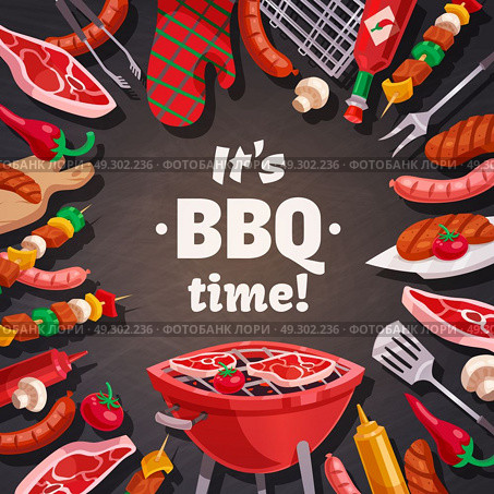 Grill BBQ Time Background. Barbecue grill composition with brazier meat and vegetable skewers pot holder and flatware images with text vector illustration. Стоковая иллюстрация, агентство Ingram Publishing / Фотобанк Лори