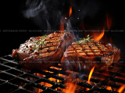 Grilled beef steaks with chilli and salt. Стоковое AI-изображение, AI-художник Veniamin Kraskov / Фотобанк Лори