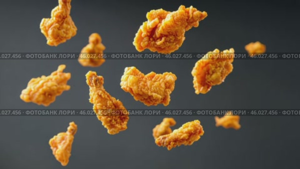 Grilled chicken legs, drumsticks falling in the air, isolated on black background, food concept. Crispy fried chicken nuggets levitation. Roast chicken strips, pieces flying in the air. Dynamic scene. Стоковое AI-видео, аниматор Марина Демидюк / Фотобанк Лори
