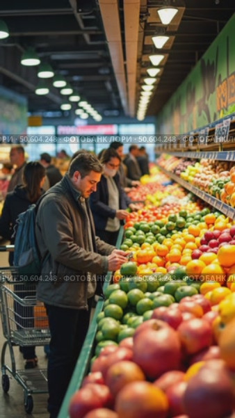 Grocery shoppers selecting fresh produce, bright store lighting highlighting vibrant colors of fruits, shopping carts creating lea. Стоковое AI-видео, аниматор Sergey Grishin / Фотобанк Лори