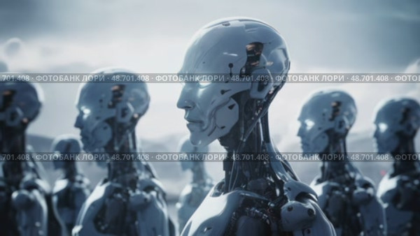 Group of artificial intelligence robots. Group of cyborgs in factors. Modern technologies, AI management. Concept of the future. 3D rendering. Стоковое AI-видео, аниматор ALLA YURTAYEVA / Фотобанк Лори