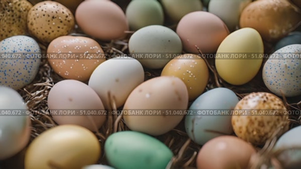 Group of eggs resting in bed of hay, showcasing the natural environment of these delicate objects. Стоковое AI-видео, аниматор Данила Большаков / Фотобанк Лори