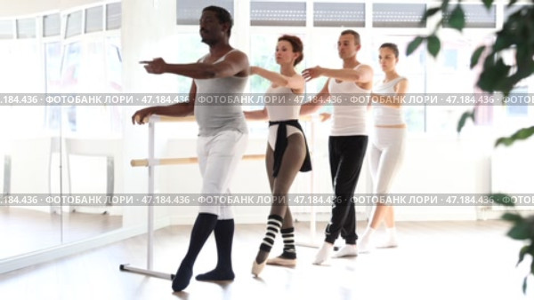Group of enthusiastic adult women and men ballet students, led by female choreographer, focused on mastering graceful Demi rond de jambe par terre move at barre in mirrored sunlit airy dance studio. Стоковое видео, видеограф Яков Филимонов / Фотобанк Лори