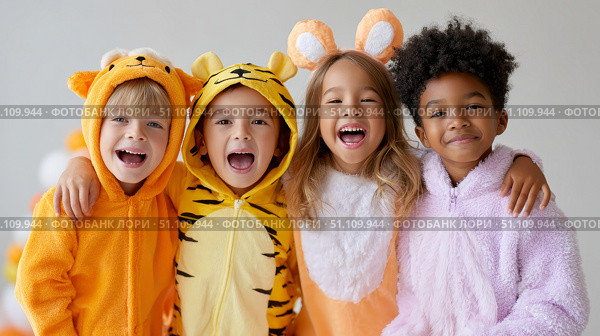 Group of happy children in animal costumes smiling together. Стоковое AI-изображение, AI-художник Olga Didraga / Фотобанк Лори