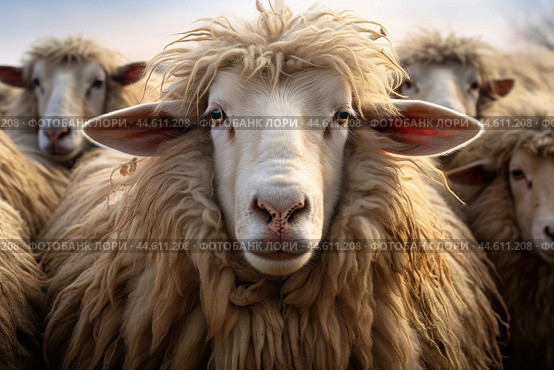 Group of long-haired sheeps close up. Стоковое AI-изображение, AI-художник Veniamin Kraskov / Фотобанк Лори