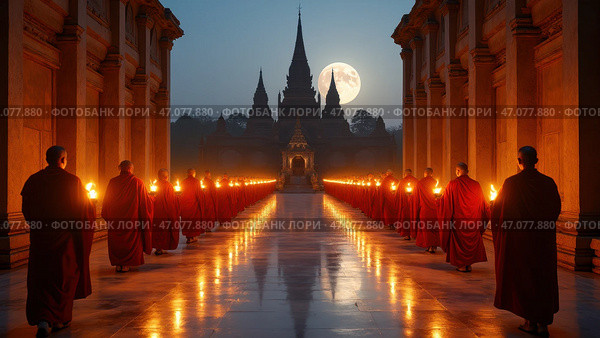 Group of monks walk down a long hallway lit by candles. Стоковое AI-изображение, AI-художник Sergey Grishin / Фотобанк Лори