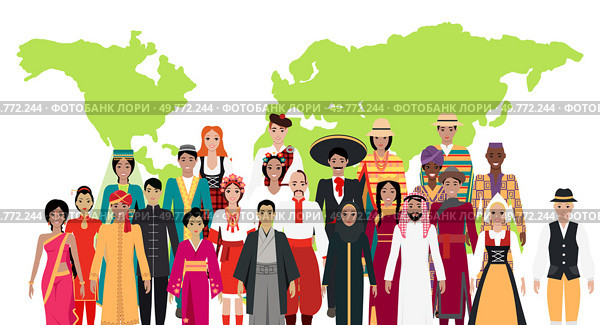 Group of people in traditional dress before a world map representing global cultural diversity. For cultural diversity, global unity, tradition, multiculturalism, cultural representation, world heritage.. Group of people in traditional clothing standing before a world map, illustrating global cultural diversity. Стоковая иллюстрация, агентство Ingram Publishing / Фотобанк Лори