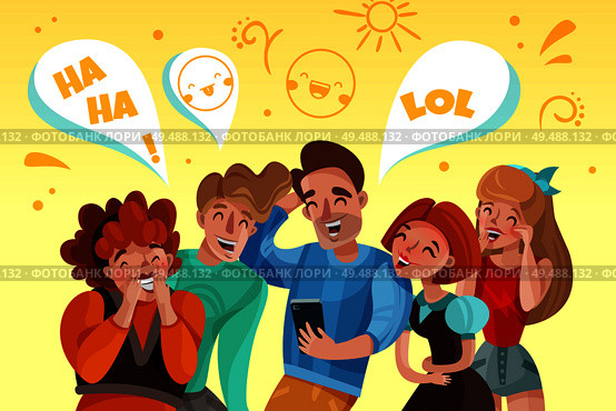 Group of people watching funny video and laughing cartoon vector illustration. Стоковая иллюстрация, агентство Ingram Publishing / Фотобанк Лори