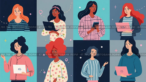 Group of Women of Different Ethnicities Interacting With Devices in a Vibrant, Modern Setting. Стоковое AI-изображение, AI-художник Sergey Grishin / Фотобанк Лори