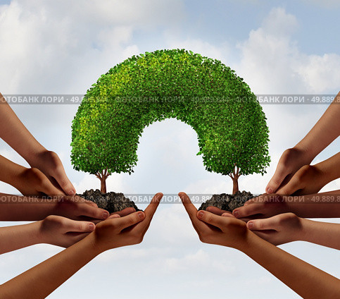 Group success business concept as two groups of diverse people making a connection with 3D illustration trees that link together as a metaphor for global cooperation or environment teamwork. Стоковое фото, агентство Ingram Publishing / Фотобанк Лори
