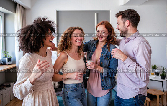 Group young people smiling chatting standing apartment friendly mood casual indoor gathering diverse friends happy expressions relaxed modern background lifestyle moment shared joy. Стоковое AI-изображение, AI-художник Павел Муравьев / Фотобанк Лори