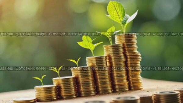 Growing Investments Through Careful Planting of Leaves in Stacks of Coins for Financial Growth and Sustainability. Стоковое AI-видео, аниматор Sergey Grishin / Фотобанк Лори