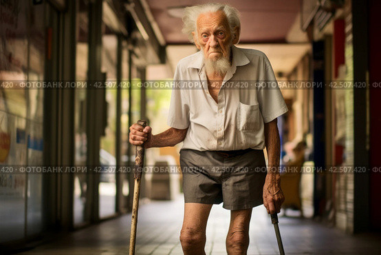 Grumpy elderly citizen man with walking sticks. Generate ai. Стоковое AI-изображение, AI-художник Иван Рябоконь / Фотобанк Лори