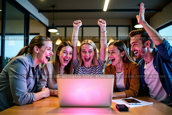 Группа молодых людей с восторгом смотрит на экран ноутбука в офисе / Group of people with a joyful mood watching a laptop screen in an office. Стоковое AI-изображение, AI-художник Валерий Лукин / Фотобанк Лори