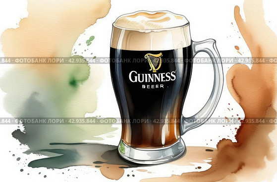 Guinness beer mug in watercolor style on white background. Стоковое AI-изображение, AI-художник Александр Довянский / Фотобанк Лори