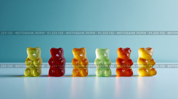 Gummy bears isolated on pastel blue surface, evenly spaced, minimalist style. Стоковое AI-изображение, AI-художник ALLA YURTAYEVA / Фотобанк Лори