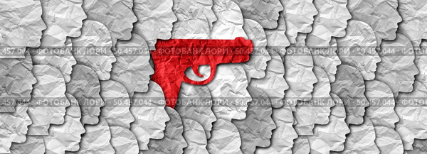 Gun violence and firearms in society concept as a gun among a community of people representing prevention of violent crime with guns or firearm legislation and mass shooting safety laws. Стоковое фото, агентство Ingram Publishing / Фотобанк Лори