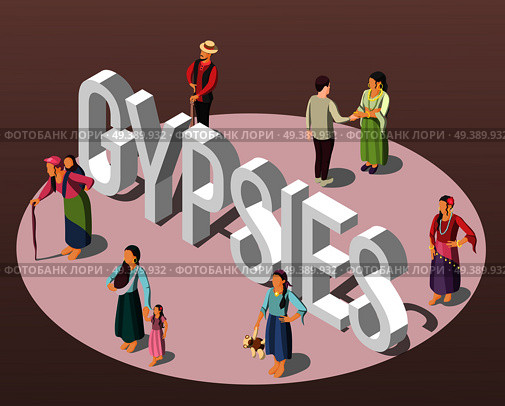 Gypsies isometric background with adults and children figurines standing on perimeter of circle vector illustration. Gypsies Isometric Background. Стоковая иллюстрация, агентство Ingram Publishing / Фотобанк Лори
